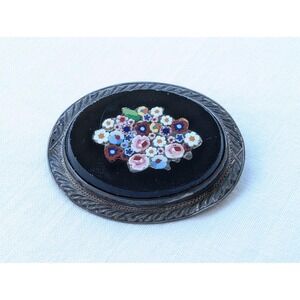 Antique Oval Micro Mosaic Floral Bouquet Victorian Brooch Silver Frame